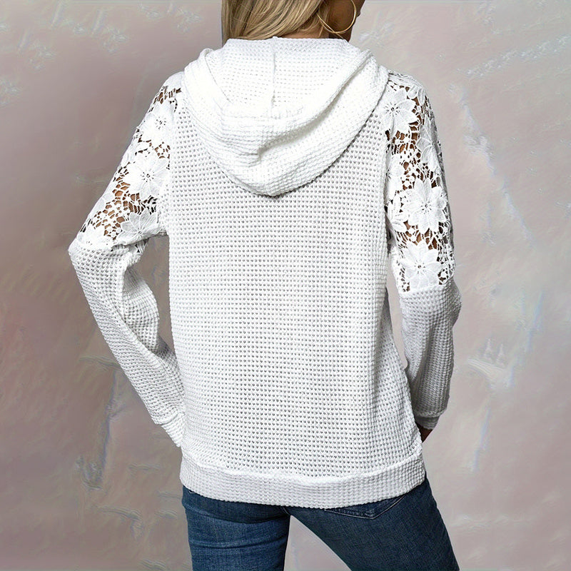 Women's Solid Color Casual Hooded Sweatshirt With Lace-Trimmed Sheer Sleeves & Large Lace Pockets, Pullover Hoodie