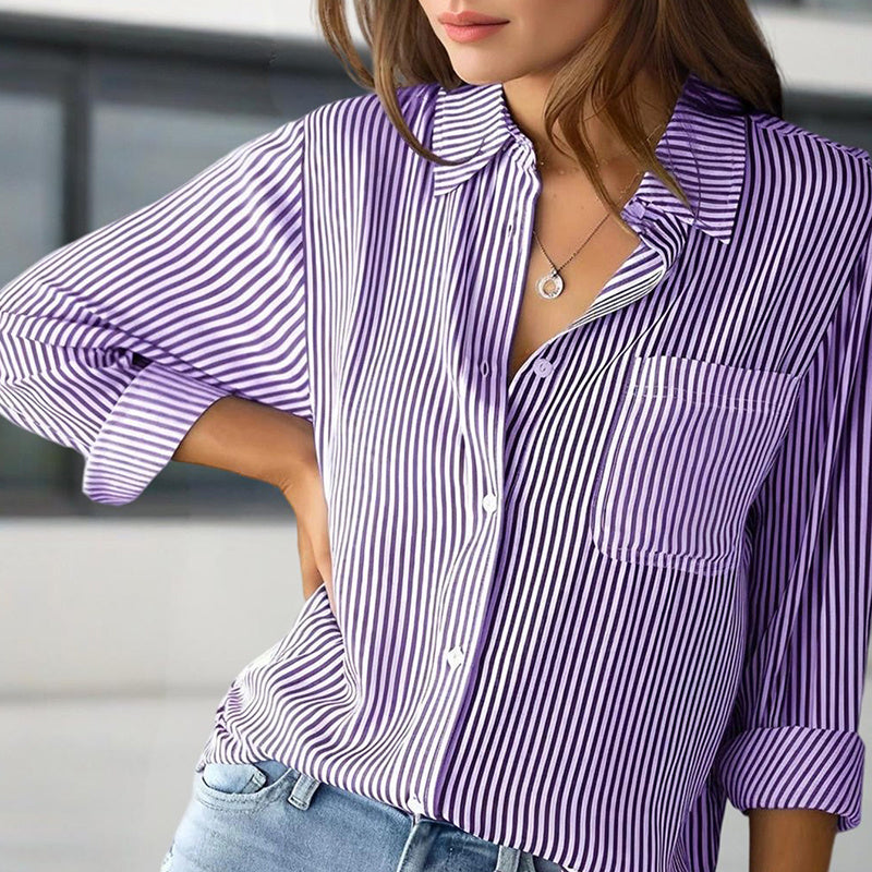 Women's Elegant Striped Long Sleeve Shirt - Pointed Lapel Collar With Chest Pocket, Button-Up Casual Blouse For Spring&Fall