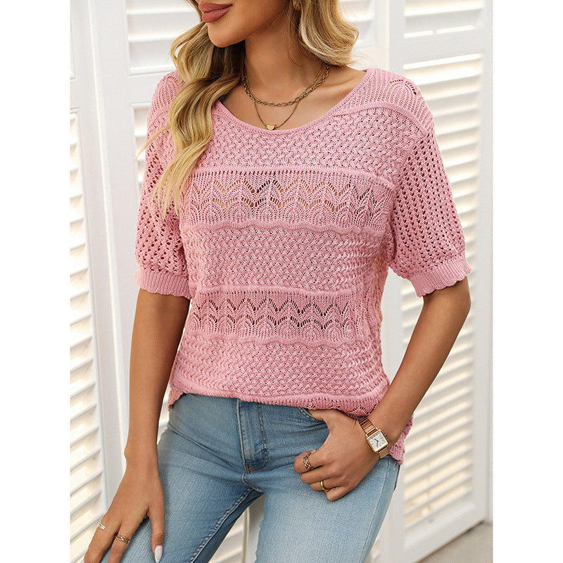 Women's Short Sleeve Sweater Tops Casual Crew Neck Crochet Knit Trendy Hollow Out Blouse T Shirts