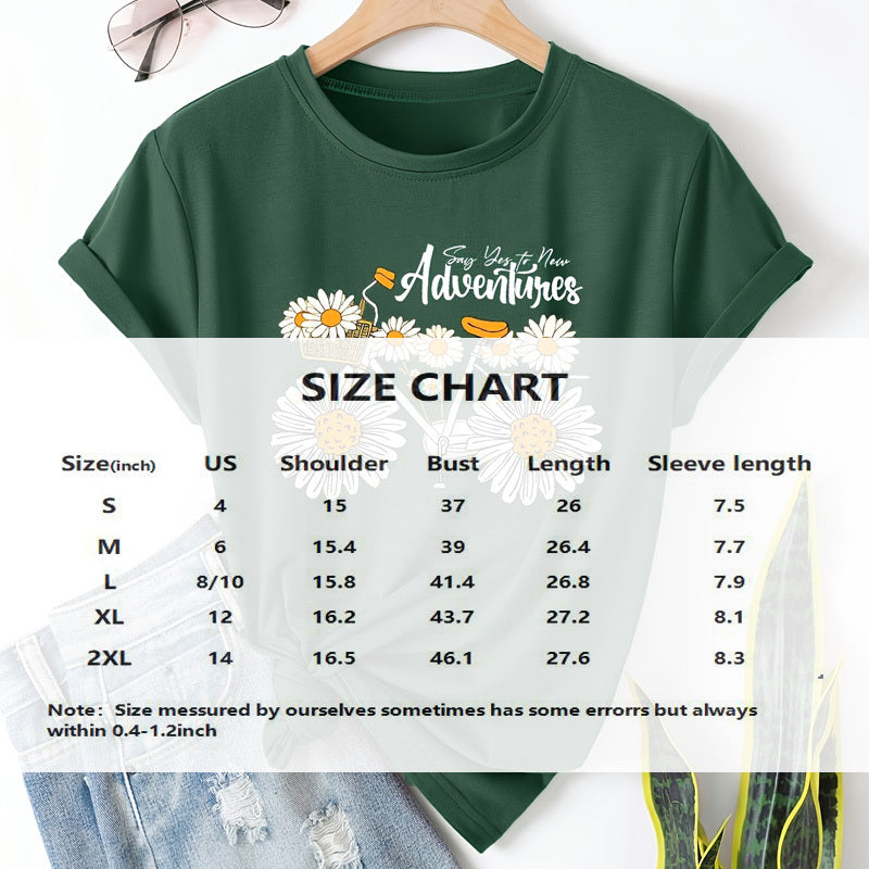 Women's Sunflower Bicycle Print Round Neck Tee - Summer Casual T-Shirt