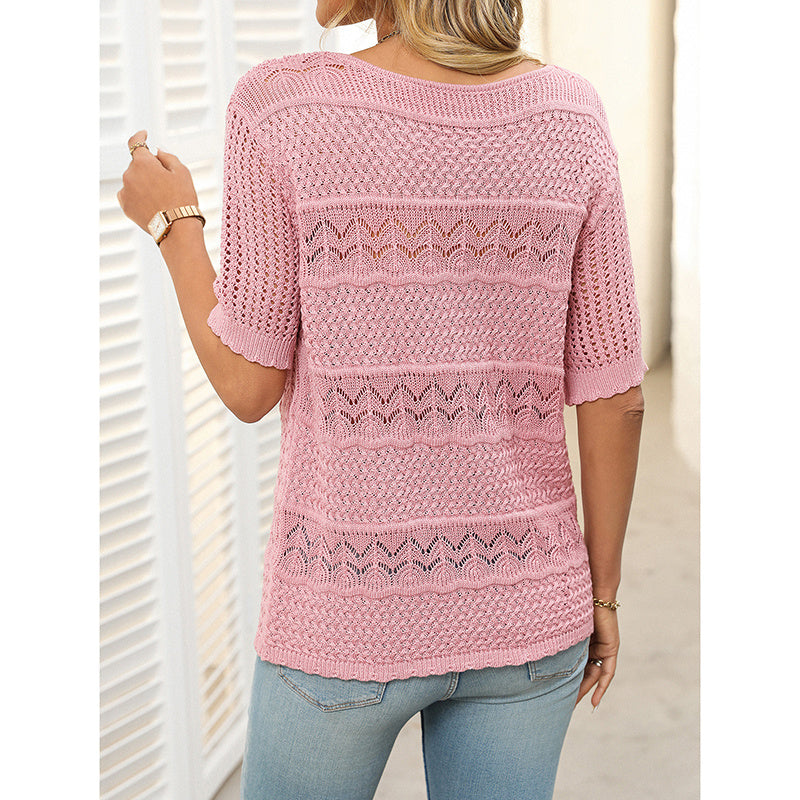 Women's Short Sleeve Sweater Tops Casual Crew Neck Crochet Knit Trendy Hollow Out Blouse T Shirts