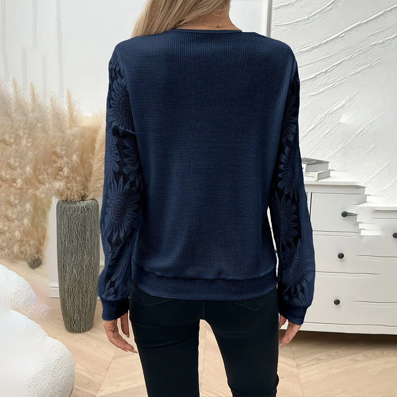 Elegant Women's Sunflower Embroidered Guipure Lace  V-Neck Tee - Breathable Long Sleeve Blouse