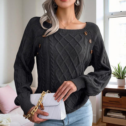 Women's Solid Color Casual Square Neck Button-Detail Knit Top - Textured Ribbed Pattern, Cozy Fall&Winter Sweater