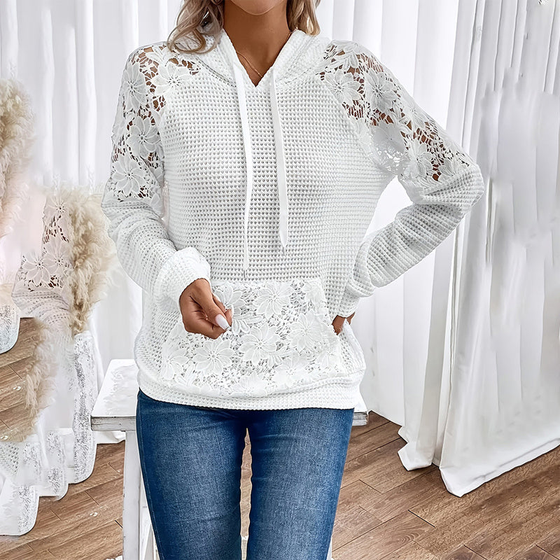 Women's Solid Color Casual Hooded Sweatshirt With Lace-Trimmed Sheer Sleeves & Large Lace Pockets, Pullover Hoodie