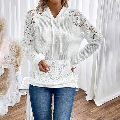 Women's Solid Color Casual Hooded Sweatshirt With Lace-Trimmed Sheer Sleeves & Large Lace Pockets, Pullover Hoodie