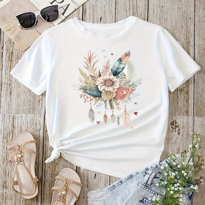 Women's Floral & Leaf Print Round Neck Tee - Summer Casual Basic T-Shirt