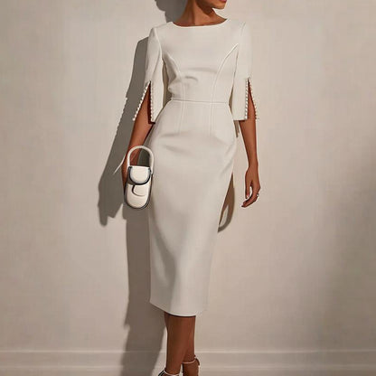 Women's Solid Color Pearl-Embellished Round Neck Dress - Elegant Back Zipper & Slit Sleeve Formal Dress