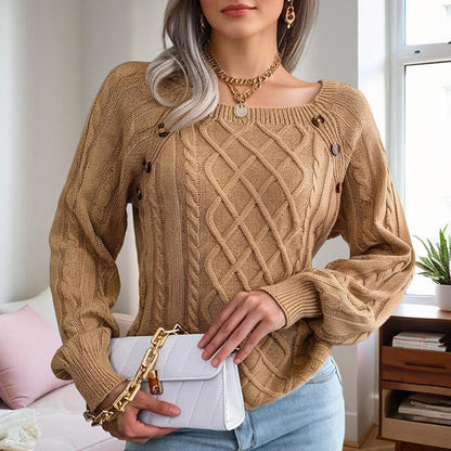 Women's Solid Color Casual Square Neck Button-Detail Knit Top - Textured Ribbed Pattern, Cozy Fall&Winter Sweater