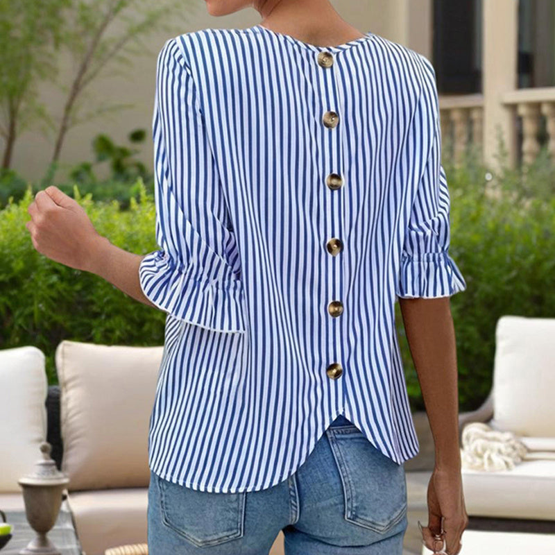 Women's Solid Color Casual Back Button Shirt - Round Neck Striped Summer Top, Breathable Blouse For Relaxed Wear
