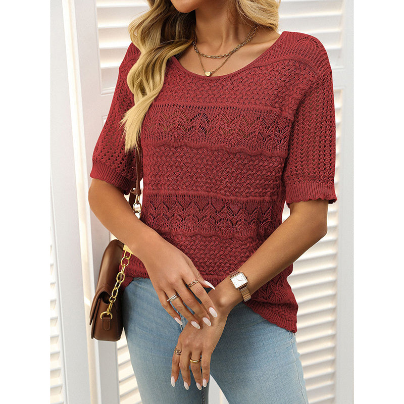 Women's Short Sleeve Sweater Tops Casual Crew Neck Crochet Knit Trendy Hollow Out Blouse T Shirts