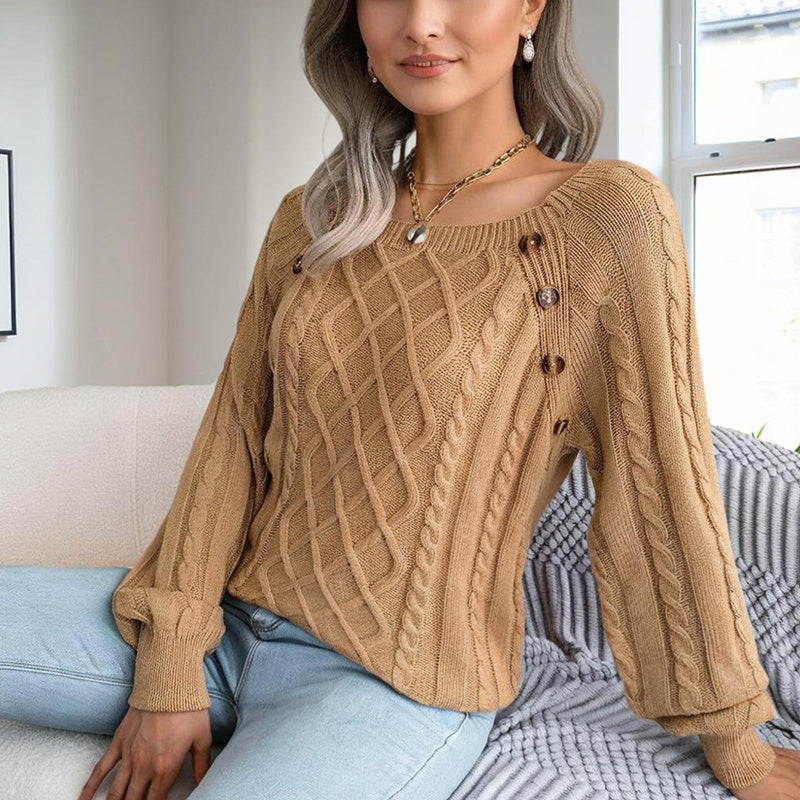 Women's Solid Color Casual Square Neck Button-Detail Knit Top - Textured Ribbed Pattern, Cozy Fall&Winter Sweater