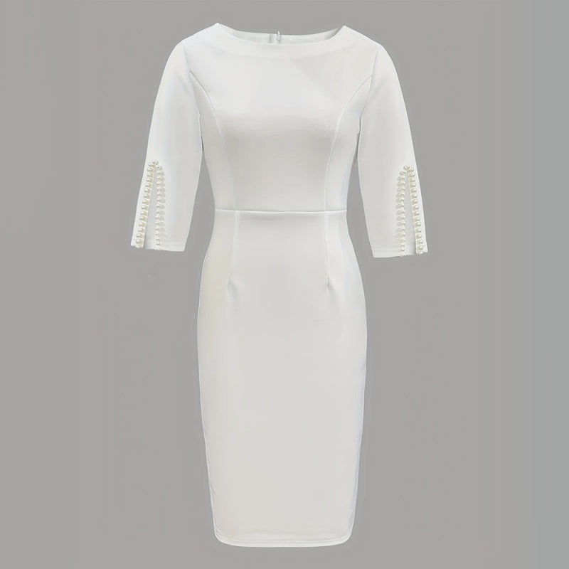 Women's Solid Color Pearl-Embellished Round Neck Dress - Elegant Back Zipper & Slit Sleeve Formal Dress