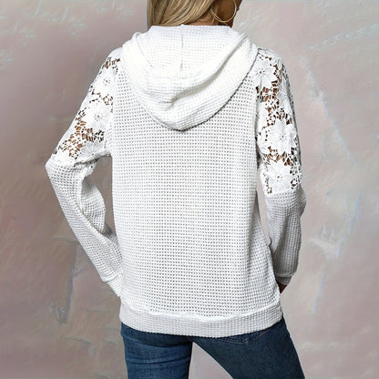 Women's Solid Color Casual Hooded Sweatshirt With Lace-Trimmed Sheer Sleeves & Large Lace Pockets, Pullover Hoodie