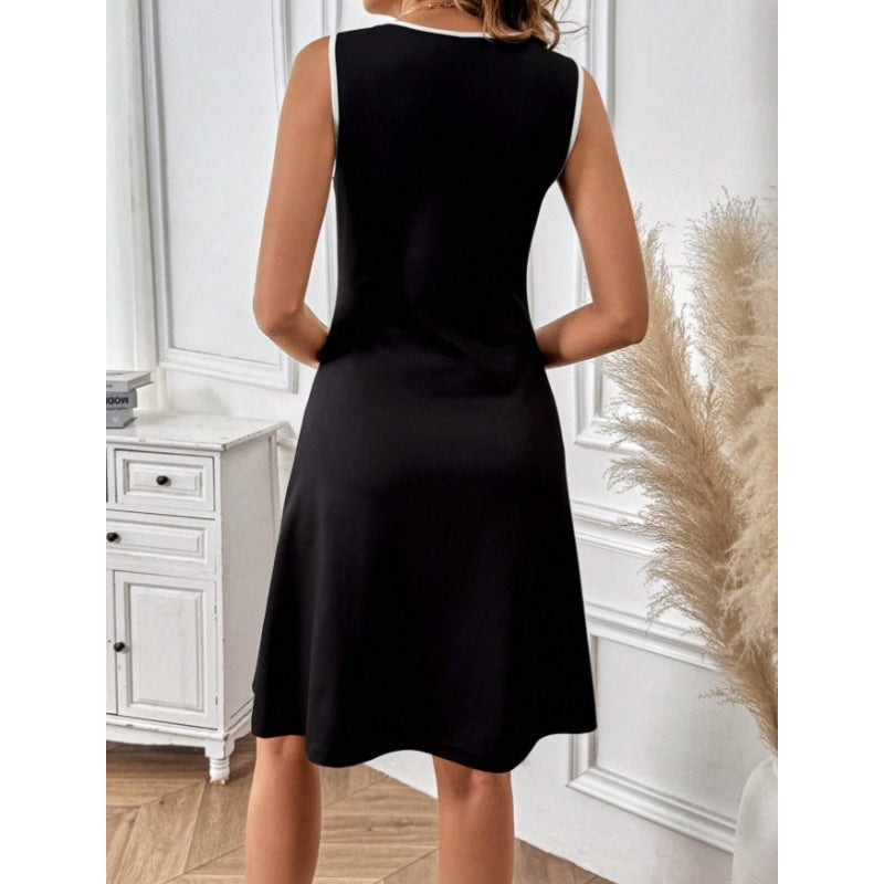 Womens Sleeveless Mini Dress Summer Black White Color Block Crewneck Casual Loose Tank Dresses