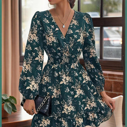 Women's V-Neck Floral Print Long Sleeve Dress With Lantern Sleeves, Ruffled Elastic Waist A-Line Midi Boho Summer Dress