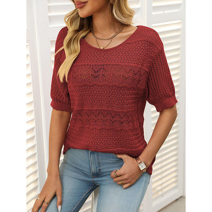 Women's Short Sleeve Sweater Tops Casual Crew Neck Crochet Knit Trendy Hollow Out Blouse T Shirts
