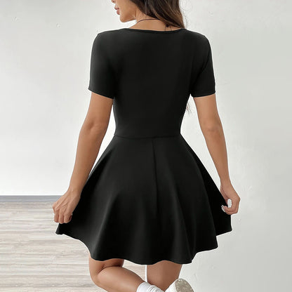Women's Square Neck Short Sleeve Ruffle Hem A Line Flare Mini Basic Dress