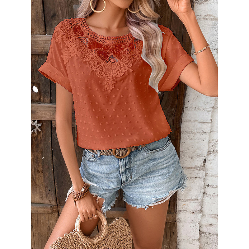 Womens Summer Tops Trendy Lace Floral Crew Neck Short Sleeve T Shirts Dressy Casual Blouses