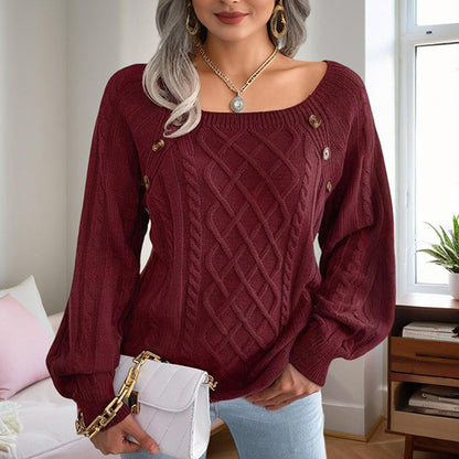 Women's Solid Color Casual Square Neck Button-Detail Knit Top - Textured Ribbed Pattern, Cozy Fall&Winter Sweater