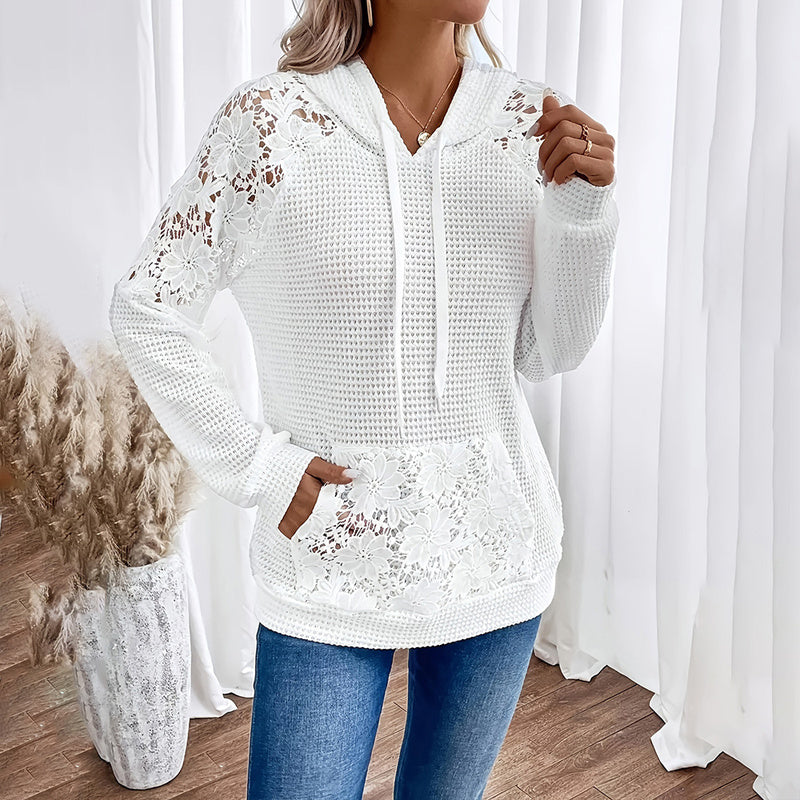 Women's Solid Color Casual Hooded Sweatshirt With Lace-Trimmed Sheer Sleeves & Large Lace Pockets, Pullover Hoodie