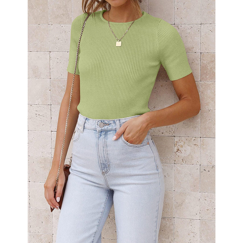 Womens Short Sleeve Shirts Crewneck Ribbed Knit Slim Fitted T-Shirt Summer Basic Tee Tops