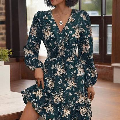 Women's V-Neck Floral Print Long Sleeve Dress With Lantern Sleeves, Ruffled Elastic Waist A-Line Midi Boho Summer Dress