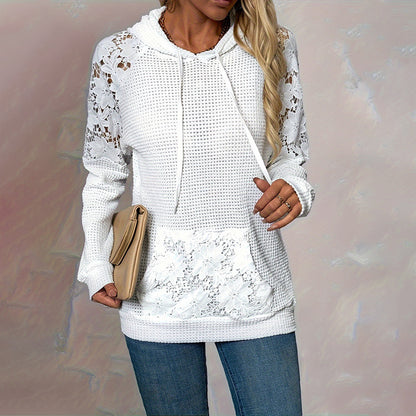 Women's Solid Color Casual Hooded Sweatshirt With Lace-Trimmed Sheer Sleeves & Large Lace Pockets, Pullover Hoodie