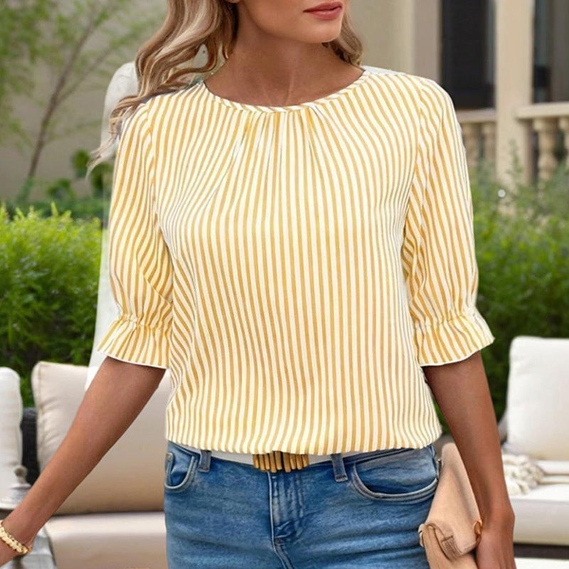Women's Solid Color Casual Back Button Shirt - Round Neck Striped Summer Top, Breathable Blouse For Relaxed Wear