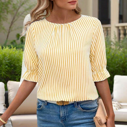 Women's Solid Color Casual Back Button Shirt - Round Neck Striped Summer Top, Breathable Blouse For Relaxed Wear