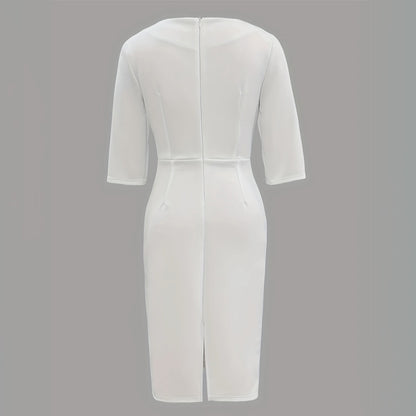 Women's Solid Color Pearl-Embellished Round Neck Dress - Elegant Back Zipper & Slit Sleeve Formal Dress