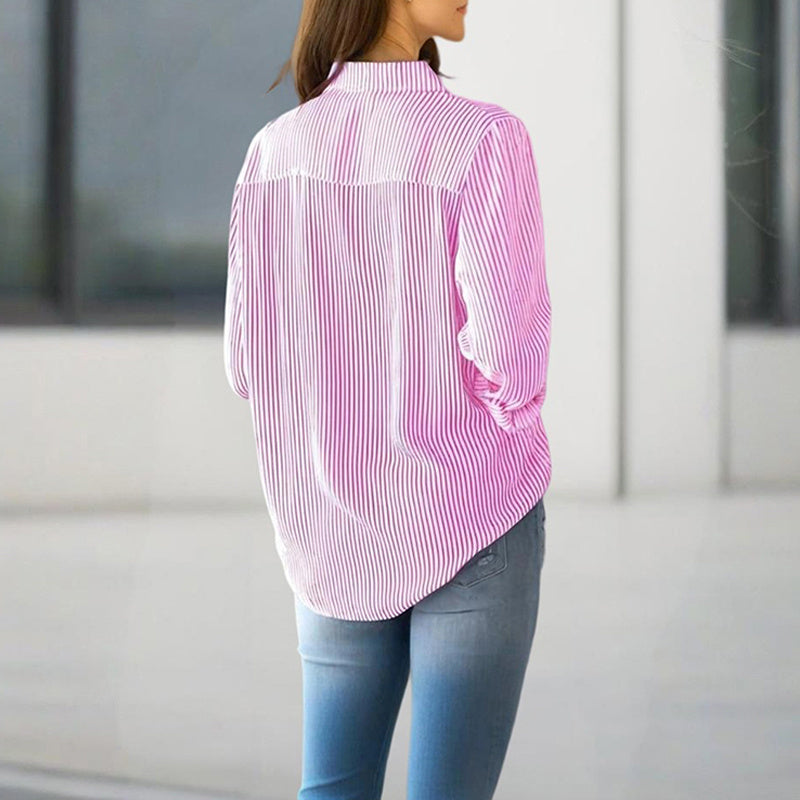 Women's Elegant Striped Long Sleeve Shirt - Pointed Lapel Collar With Chest Pocket, Button-Up Casual Blouse For Spring&Fall