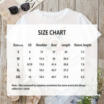 Women's Floral & Leaf Print Round Neck Tee - Summer Casual Basic T-Shirt
