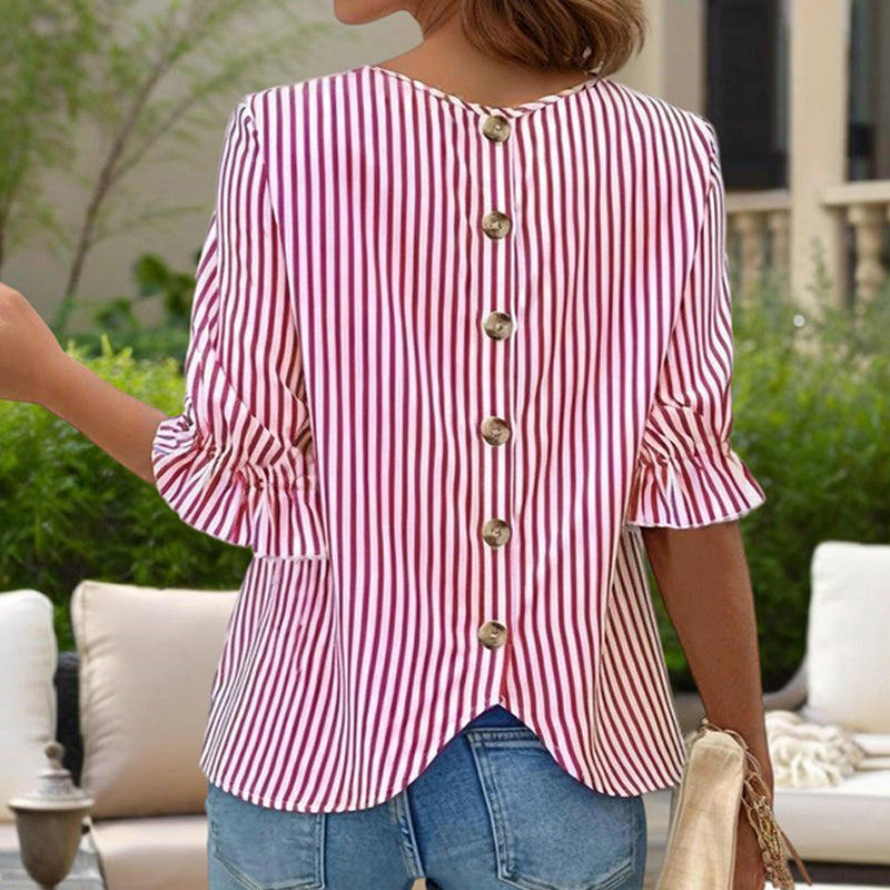 Women's Solid Color Casual Back Button Shirt - Round Neck Striped Summer Top, Breathable Blouse For Relaxed Wear