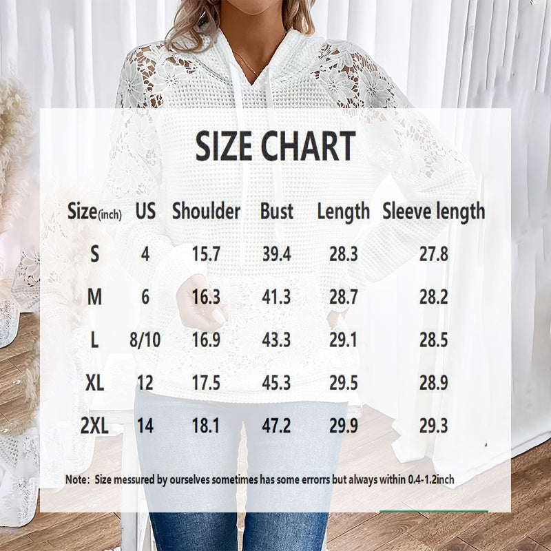 Women's Solid Color Casual Hooded Sweatshirt With Lace-Trimmed Sheer Sleeves & Large Lace Pockets, Pullover Hoodie