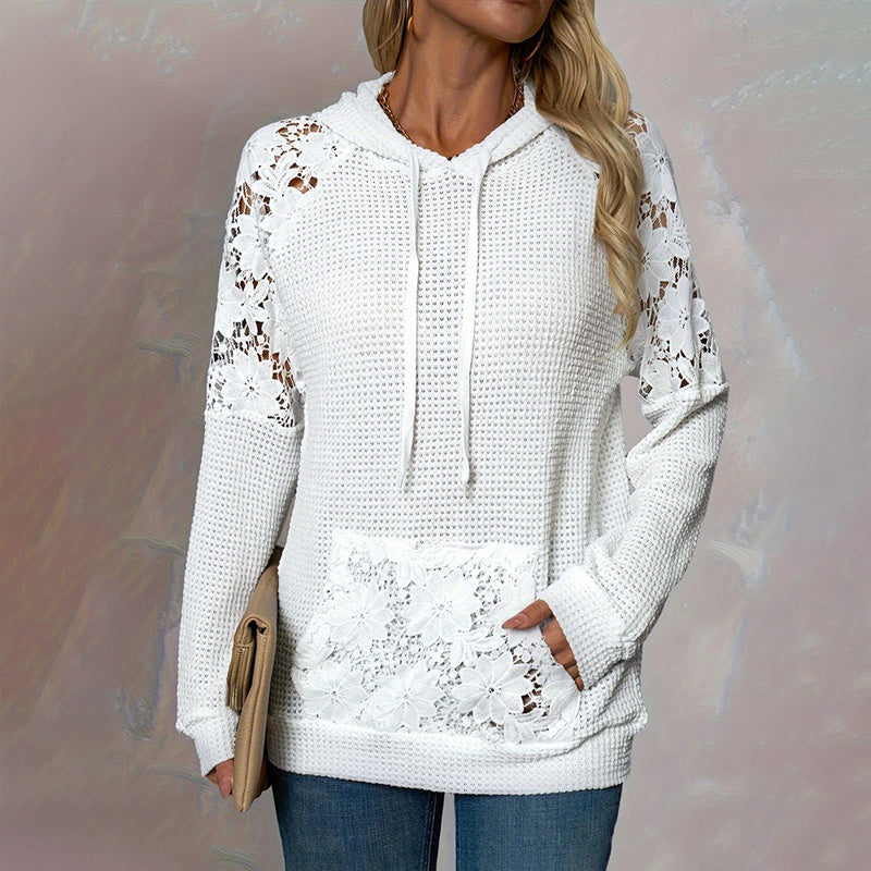 Women's Solid Color Casual Hooded Sweatshirt With Lace-Trimmed Sheer Sleeves & Large Lace Pockets, Pullover Hoodie